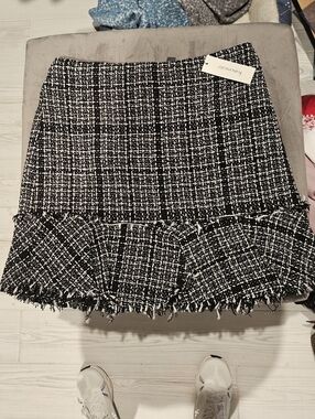 Francesca's Collections Black and White Tweed Ruffle-Hem Mini Skirt